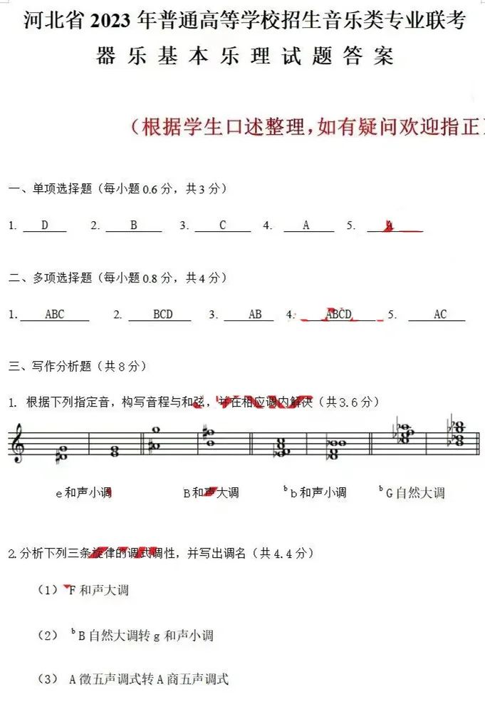 对答案了！河北2023音乐统考笔试答案出炉！ (http://www.hnyixiao.com/) 艺考界资讯 第3张